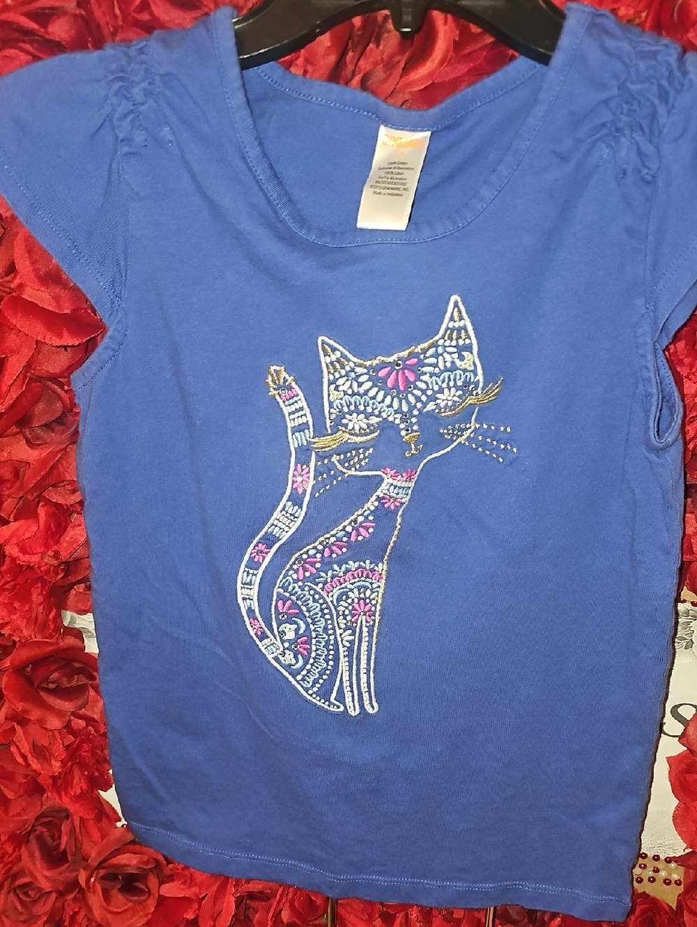 Gymboree Girls Blue Tee with Embroidered Floral Cat Size 10